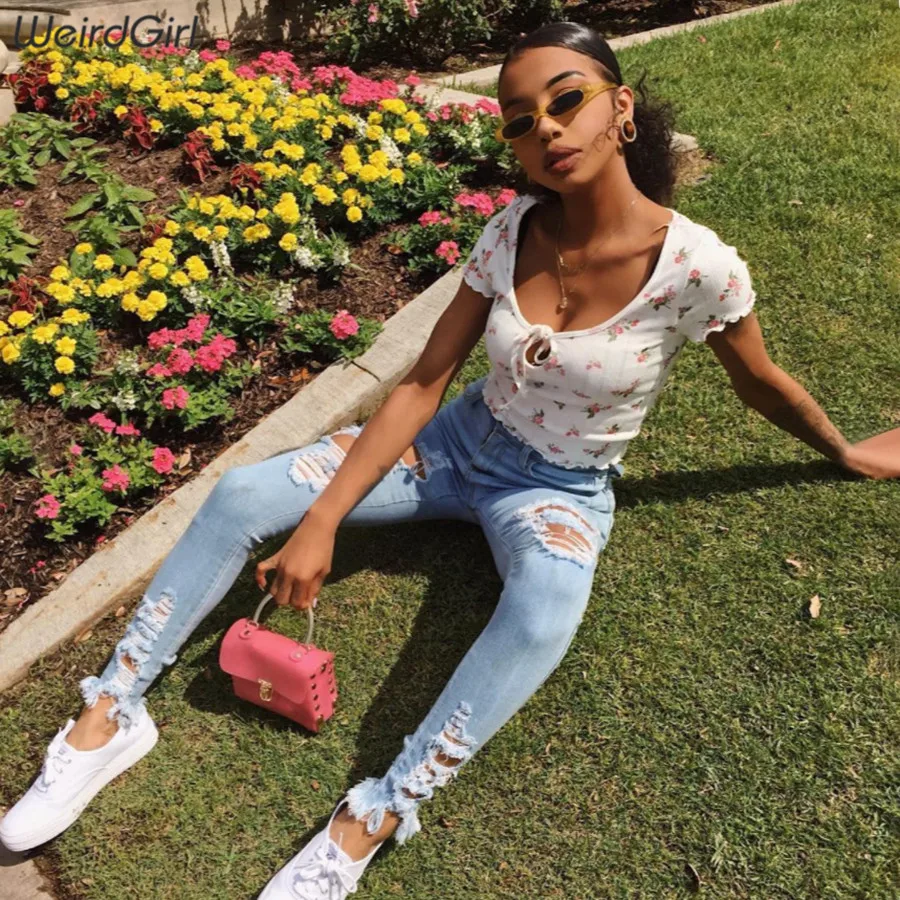 Weirdgirl النساء زهرة تي شيرت مطبوع كشكش الأكمام ضئيلة امتدت فام تيز الأزياء عطلة مطاطا سيدة جديد قمم الصيف