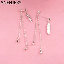 ANENJERY, 925 пробы, серебряные серьги, перья, листья, длинная цепочка, серьги с кисточками для женщин, девушек, подарок, S-E867