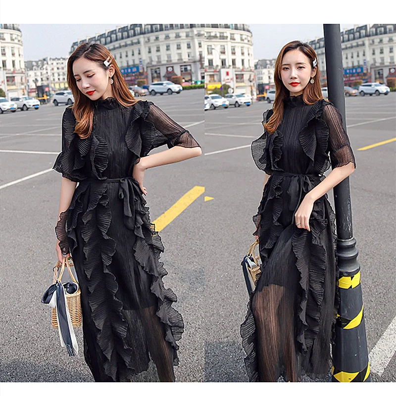 

Chiffon Summer Women's Dress 2019 New Fashion Sweet Round Neck Long Slim Dress Female Simple Solid Color Large size Women's