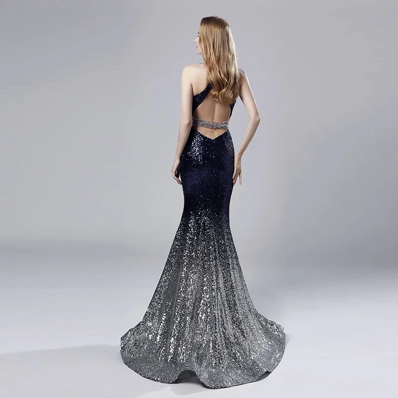 Sparkle Sequin Long Mermaid Prom Dresses with Beading Navy Blue V-Neck Ruffles Skirt Sexy Backless Evening Party Gowns OL553