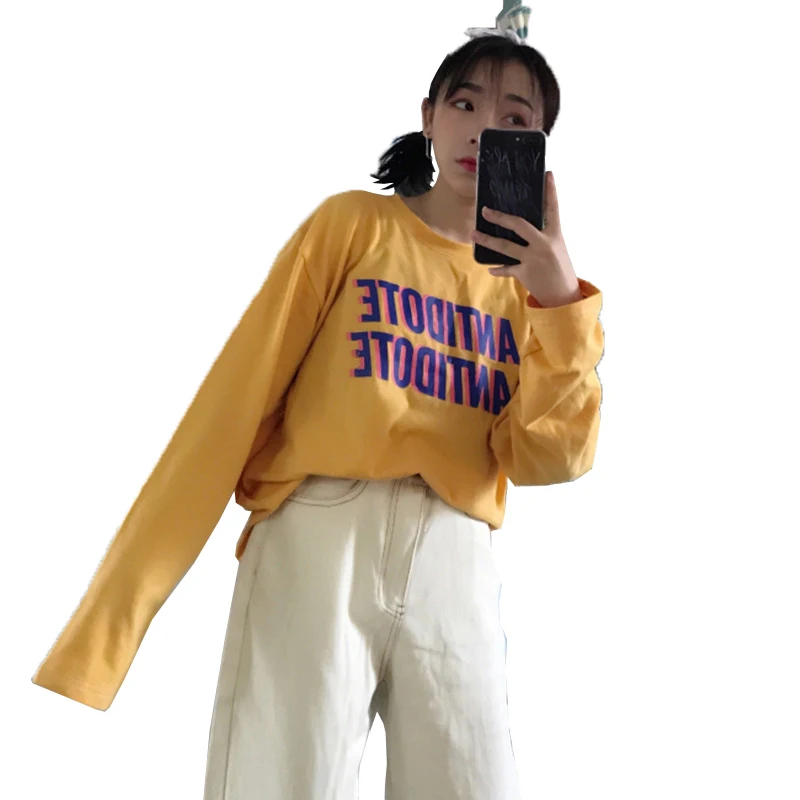 

2018 Autumn New Korean Ulzzang T-shirts Women Harajuku Loose Letter Print Long Sleeve Casual Tops Female Vintage Chic Shirt Tees