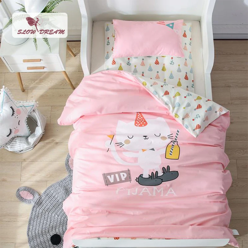 

SlowDream Cute Cat Cartoon Pink Bedding Set Kids Embroidery Duvet Cover Set 100% Cotton Home Textiles 3pcs