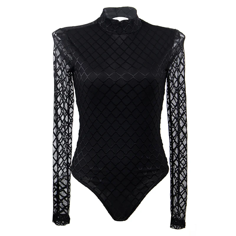 Office Lady Black Bodysuit Long Sleeve Bodycon Plaid Woman Body Top Elegant Casual Romper Women  XL Turtleneck Bodysuit R80752 sequin bodysuit Bodysuits