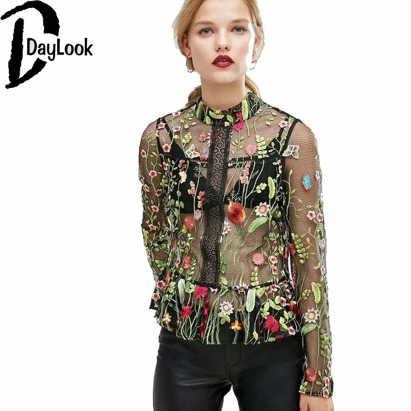 DayLook 2017 Summer Women Black Sheer Vintage Blouse Embroidery Floral Print See-through Shirt Chic Mesh Tops Blusa Femme |