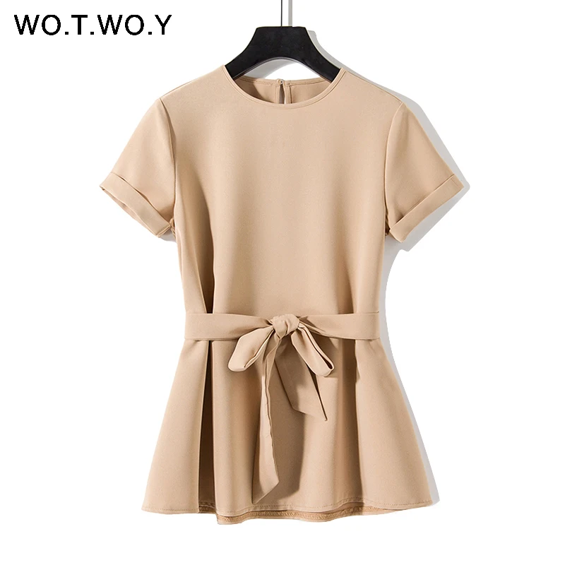 

WOTWOY Plain Green Sashes T shirts Women 2019 Spring Summer Casual O-Neck Belt T-shirt Female Yellow Solid Woven Tops Harajuku