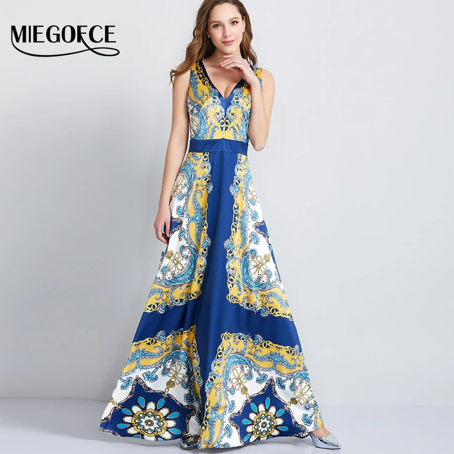 

MIEGOFCE New Arrival Womans Long Elegant Dress V Neck Sleeveless Slim Printed Boho Beach Holiday's Office Vintage Dress Hot Sale