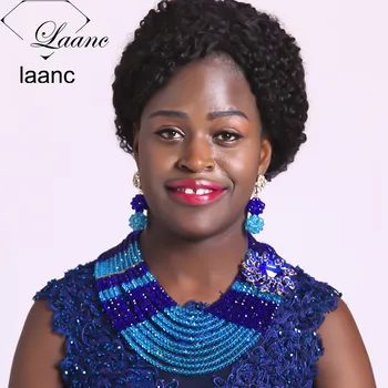

Laanc Royal Blue and Lake Blue 10 Rows Strands Crystal African Beads Jewelry Set Wedding Party Jewellery Sets AL618