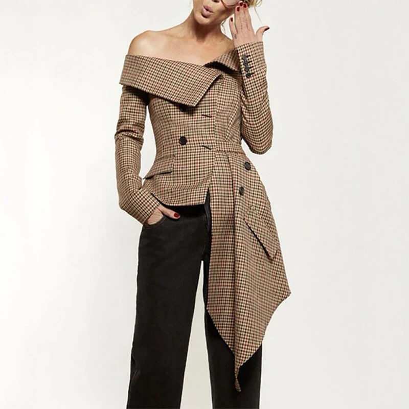 

New Slash Neck Lady Office Brown Jackets Coat Casual Outfits 2019 New Autumn Women Blazers Coat Long Sleeve Asymmetric Plaid