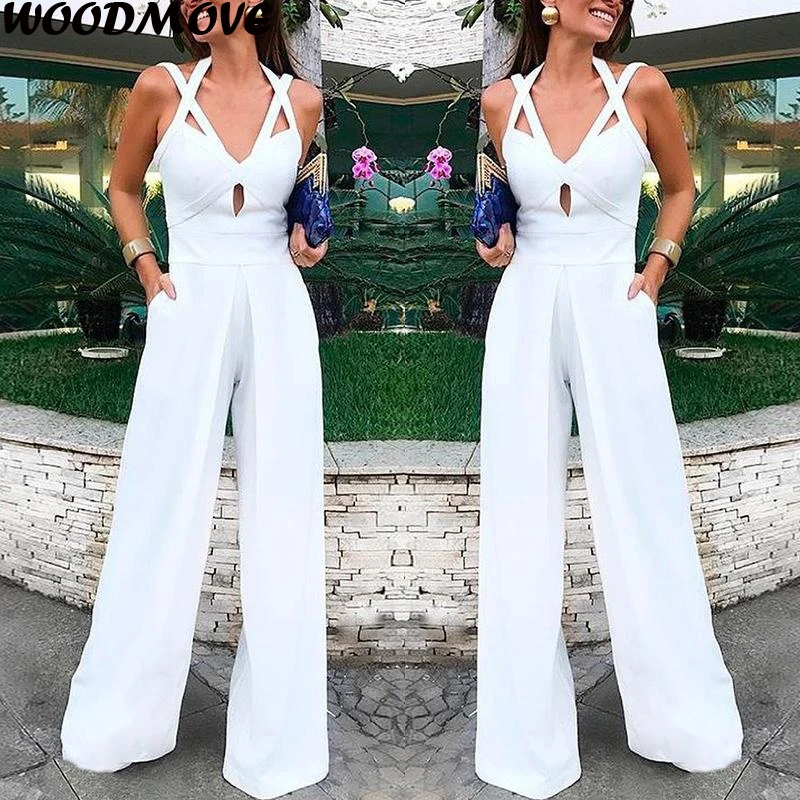 

Women Fashion Strap Bodysuits Solid Color Casual Wide Leg Jumpsuit