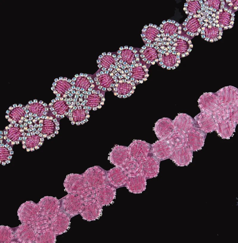 1 ярд Прозрачный блестящий украшенный розовым бисером отделка из горного хрусталя цветок Форма Кристалл Аппликация отделка для DIY свадебный пояс/обувь