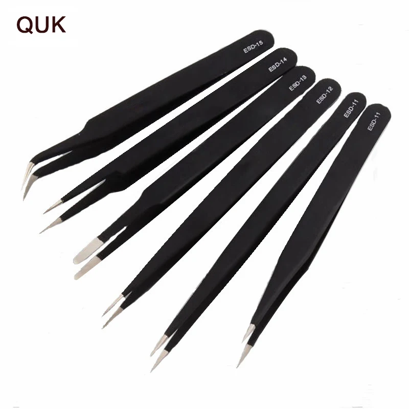 

QUK Tweezers Set 6PCS Stainless Steel Industrial Anti-static Precision Repairing Maintenance Phone Clocks Watches Hand Tools