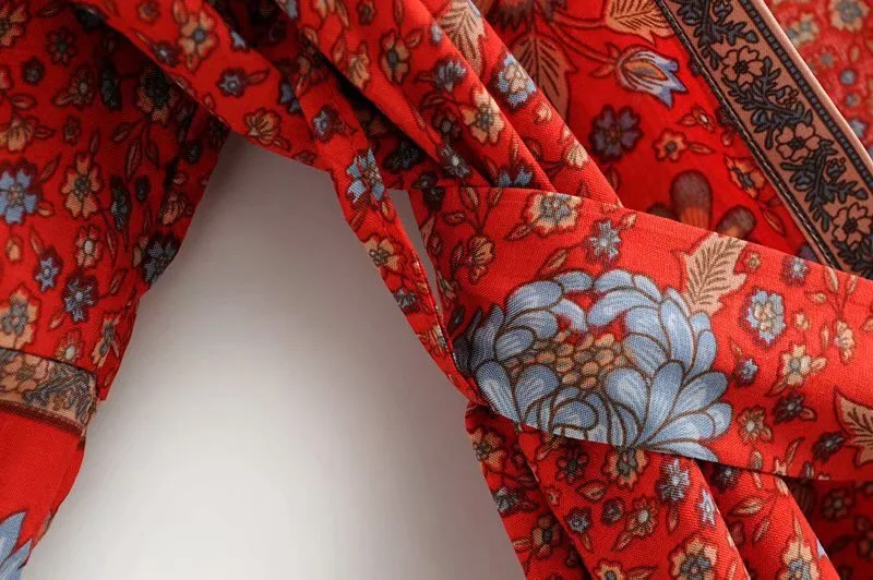 Новинка, длинное кимоно в богемном стиле с v-образным вырезом и красным подсолнечником, этнический стиль, новинка, женский длинный кардиган в богемном стиле с бантом и поясом, блузка, топы