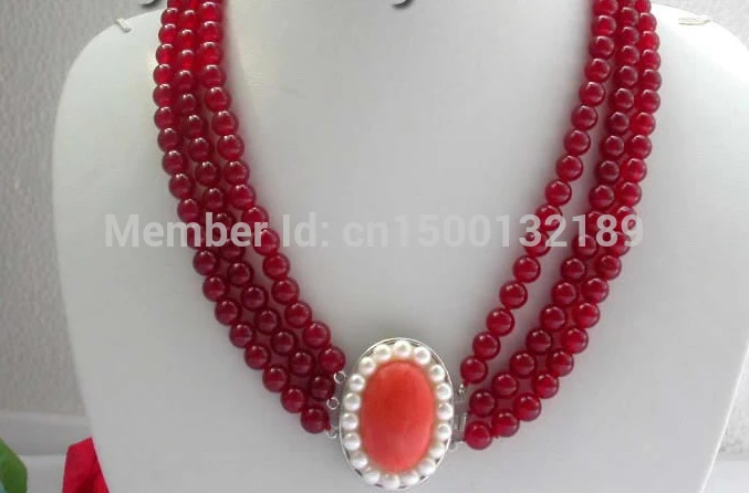 

FREE SHIPPING>>>@ j00372 22" 3rows Round Red Jade Necklace Carnelian Clasp!