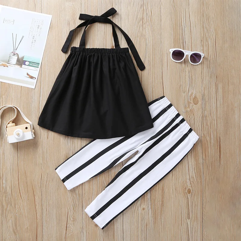 

Summer solid color sling top striped trousers 2 piece set infant child girl suit