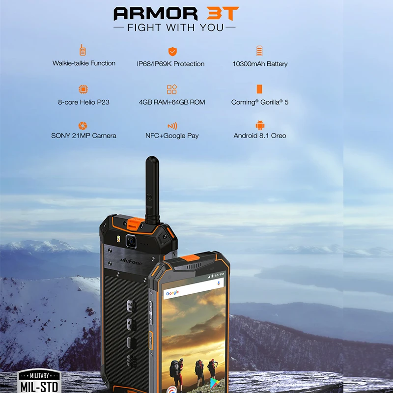 

Ulefone Armor 3T IP68 Waterproof Mobile Phone Android 8.1 5.7" FHD+ helio P23 Octa Core 4GB 64GB 21MP Walkie Talkie Smartphone
