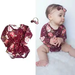 2018 прекрасные новорожденных для маленьких девочек цветочный хлопковая одежда с длинным рукавом цветок ползунки бантом повязка 2 шт