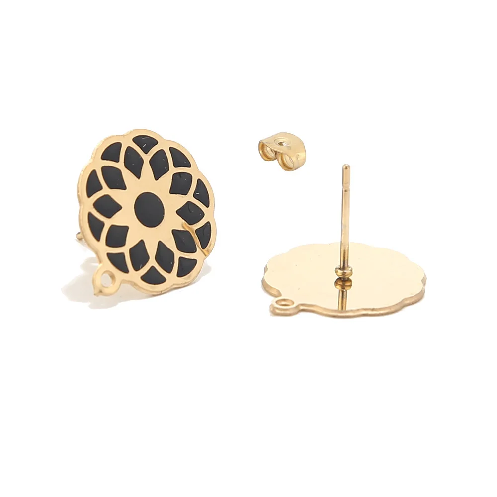

6pcs 15mm Gold Plated Stainless Steel Black Enamel Flower Ear Post with loop Earring Components for Jewelry Making