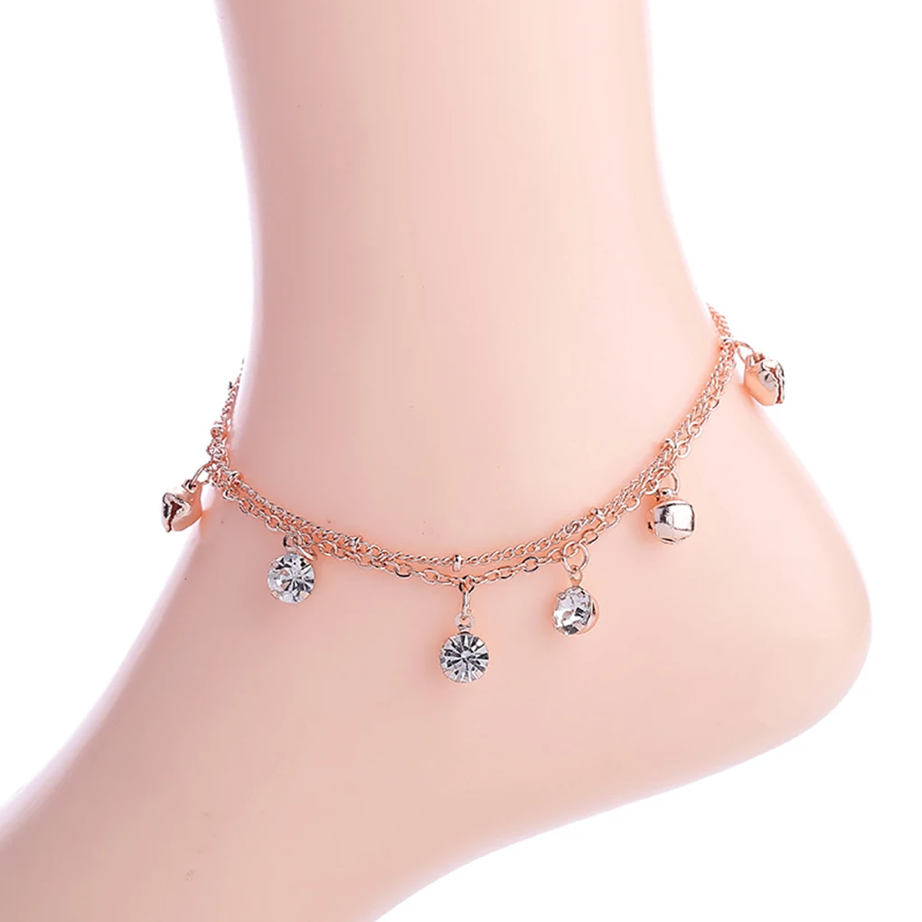 Rhinestones Double Layers Anklet Rose Golden Brass Ankle Bracelet Women
