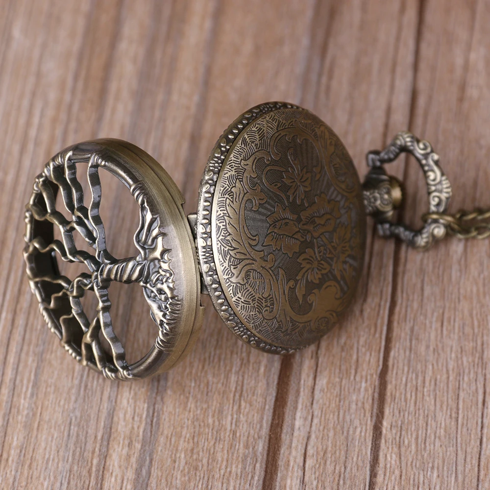 Винтажные бронзовые карманные часы Дерево жизни полые Кварцевые часы для мужчин и женщин кулон ожерелье Подарки Часы