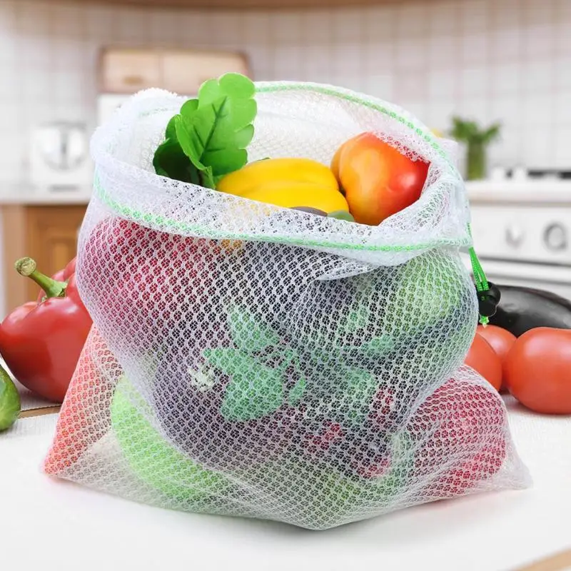 1pc Reusable Mesh Produce Bags Kitchen Grocery Fruit Vegetable Toys Sundries Storage Pouch Washable Rope Drawstring Mesh Bags