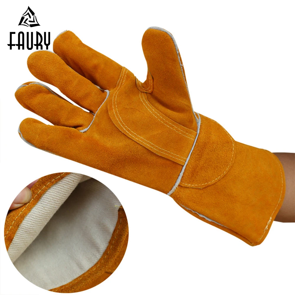 

1 Pair 14'' Men's Welding Gloves Cow Split Leather Long Welders BBQ Gloves Barbecue Heat Resistant Labor Safety Work Glove