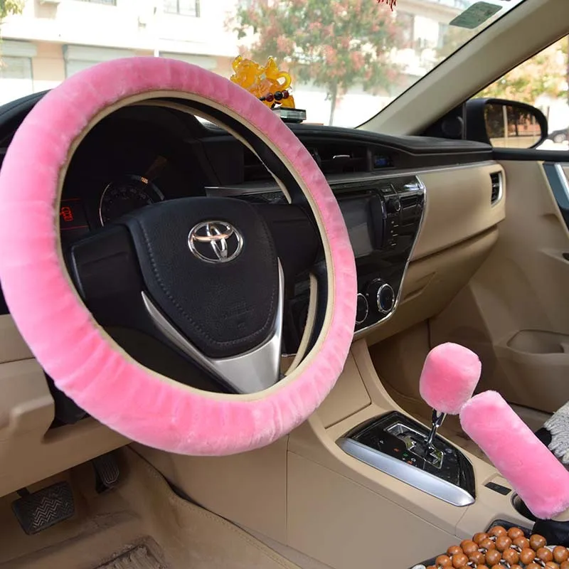 

KKYSYELVA Car steering wheel cover Winter Handbrake Gear Shift Cover Plush Auto Steering wheels Interior Accessories