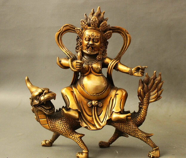 xiuli 003735 Tibet Buddhism Bronze Gild Mahakala Ride Dragon Unicorn Buddha Statue Sculpture