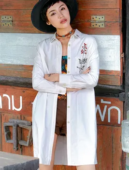 

2018 Spring New Women Brief Casual Loose Embroidery All-Match Cotton White Long Shirts