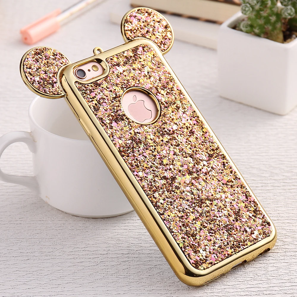 New Kisscase Bling блестка чехол для iPhone 5S 5 SE iPhone SE X 6 6 S 7 Plus Прекрасный Микки уха покрытие рамки Мягкая силиконовая задняя крышка чехол на айфон X 5s 5 se чехол на айфон 6s Plus 6s Plus 7 Plus