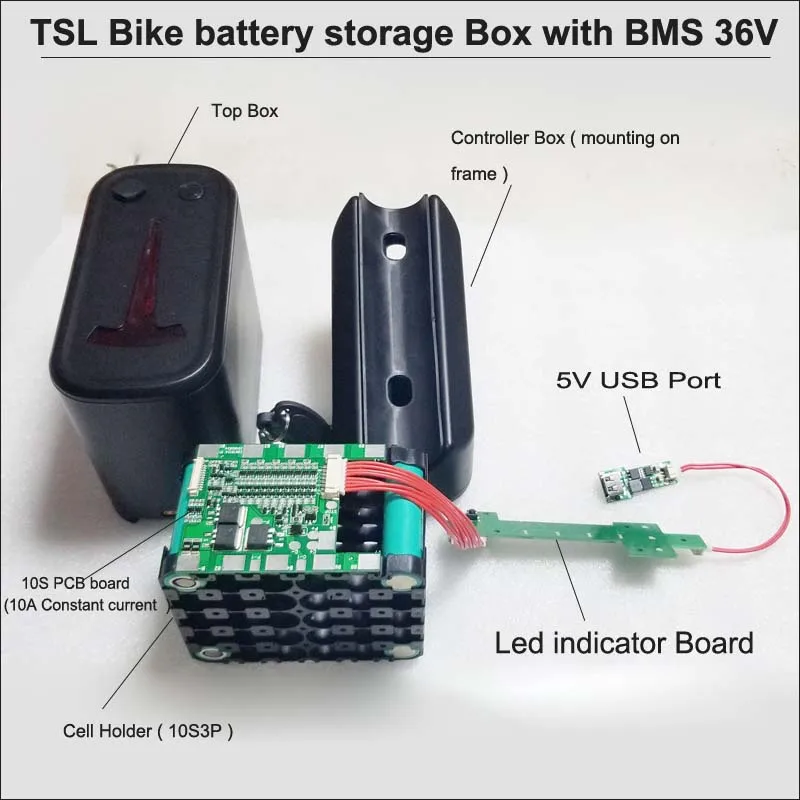 

High quality ABS plastic battery box for 10S 3P battery construction with 5V USB port including 36V BMS 10A