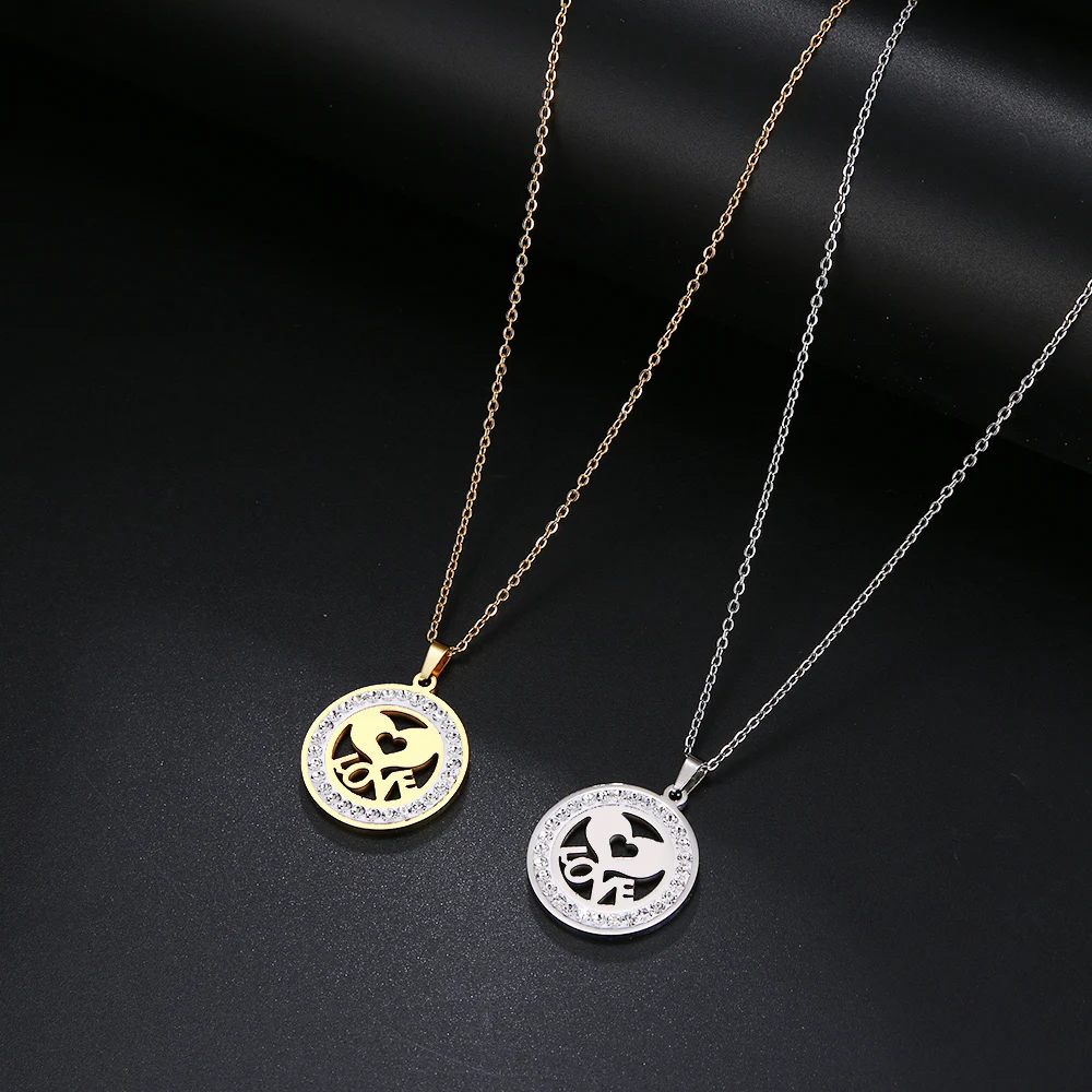 Cacana Stainless Steel Crystal Round Pendants Necklace Women Jewelry Heart Love Trendy Necklaces Donot Fade Valentine's Day Gift (2)