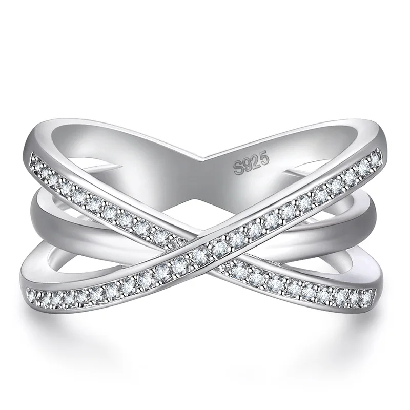 

Simple Solid 925 Sterling Silver Stamp Ring For Women Cross X Shape Party Cocktail Ring Zirconia Micro Paved Silver Jewelry