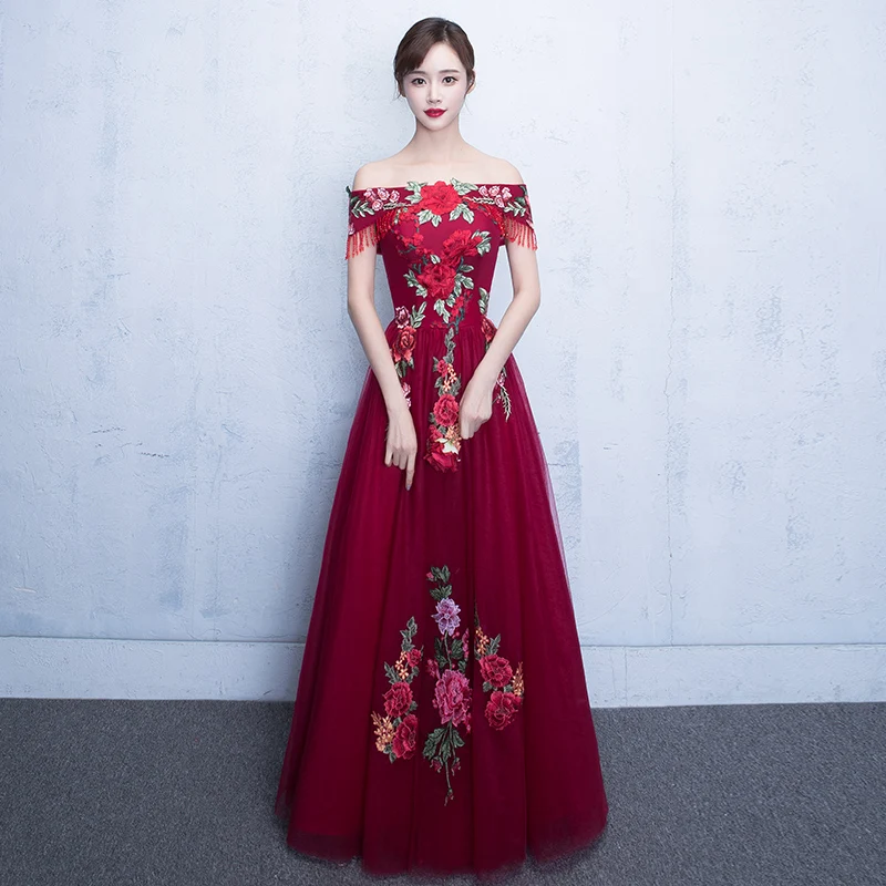 

RED Sexy Off Shoulder Chinese Bride Wedding Dress Improved Women Cheongsam Vestidos Elegant Floral Embroidery Prom Party Gown