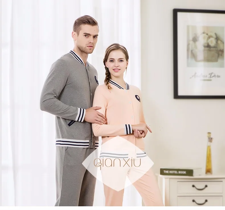 New Spring Autumn Couples Long Sleeve Stripe V Collar Cuffs Diagonal Pocket Cotton Home Clothes Suit Buttom Cardigan Sleepwear New Spring Autumn Couples Long Sleeve Stripe V Collar Cuffs Diagonal Pocket Cotton Home Clothes Suit Buttom Cardigan Sleepwear