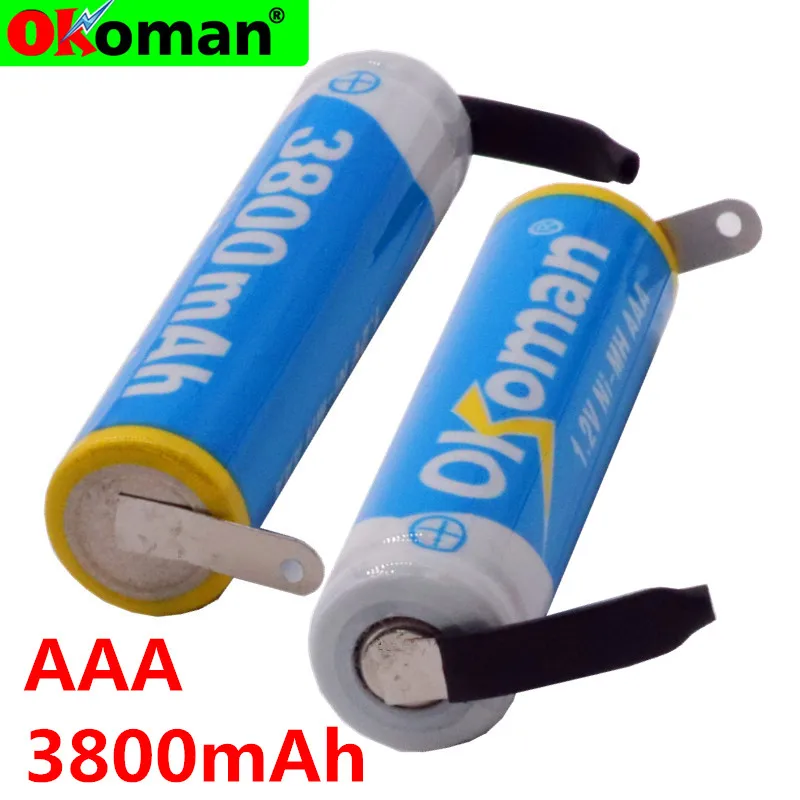 

Okoman 1.2V AAA rechargeable battery 3800mah AAA ni-mh cell with welding tabs pins flat top for toys cordless phone + DIY nickel