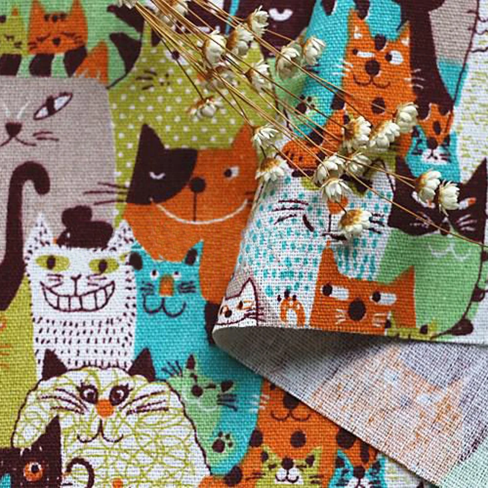 50cm*150cm Cute Cat Print Natural Linen Cotton Textiles Telas sewing