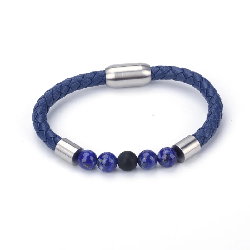 

Lapis Lazuli Stone Beads Stainless Steel Charm Real Navy Blue Dark Blue Leather Magnet Lock Customized Unisex Bracelets Bangles