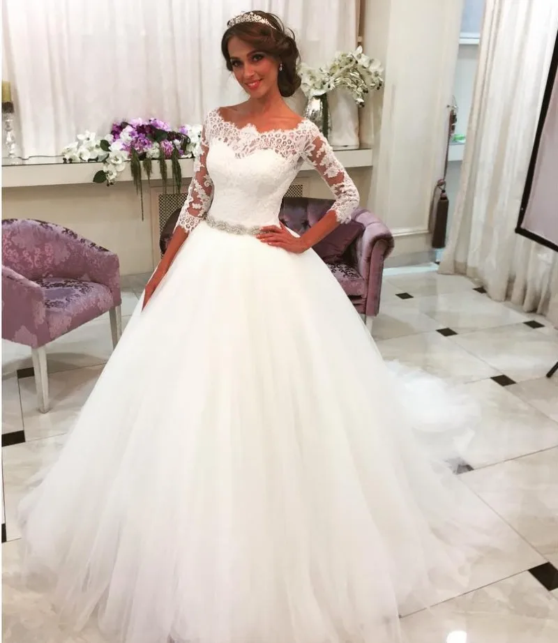 Ball Gown Boat Neck Lace 3 4 Sleeve Wedding Dresses Ivory Tulle Bride ...