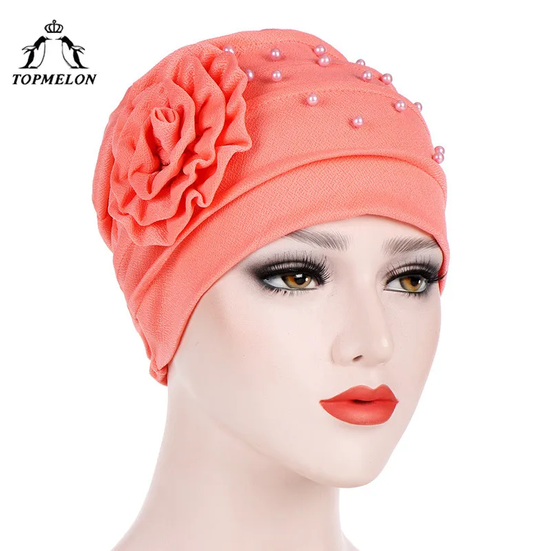 TOPMELON Elegant Hijab Beading Floral Turban Dubai Arab Islamic Style