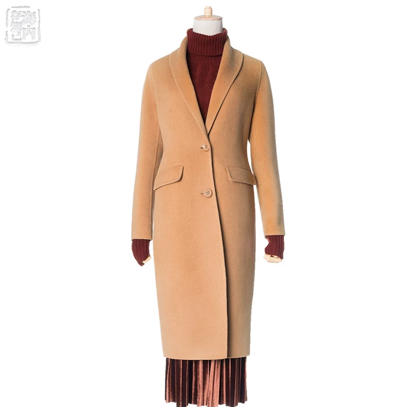 Manteau V 1712 Camel Automne Unique Femmes Laine Bas midnight Poitrine Long Double Blue Hiver Tournent Couche Sur Col 2017 Pure Vers Les Le ZRHTYqY