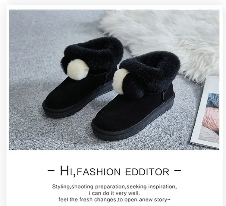 Новейшая модель; Милые ботильоны; зимние ботинки из натуральной кожи; ботинки с помпонами из лисьего меха; женская обувь; теплая хлопковая обувь на плоской подошве
