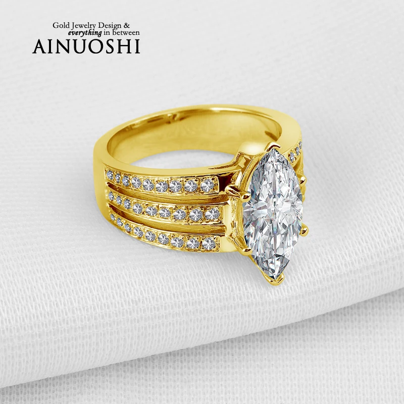 AINUOSHI 10K Yellow Gold Wedding Ring 3 ct Marquise Cut Simulated Diamond Jewellery 3 Rows Drill Women Engagement Gold Rings