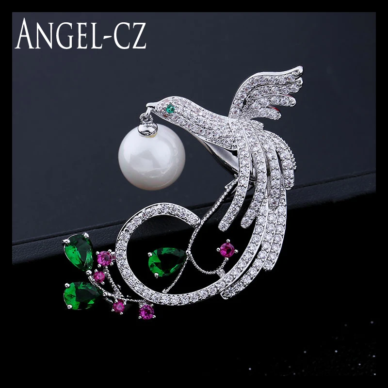 Unique Women Freshwater Pearl Brooches Luxury Multicolor CZ Bird Brooch Pins Lucky Phoenix