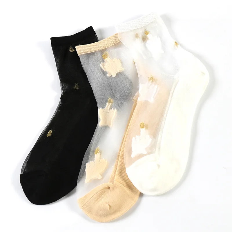 

2 Pairs/lot Femme Summer Harajuku Thin Golden Lace Glitter Cute Stars Short Tube Socks Women Cotton Transprant White/Black Meias