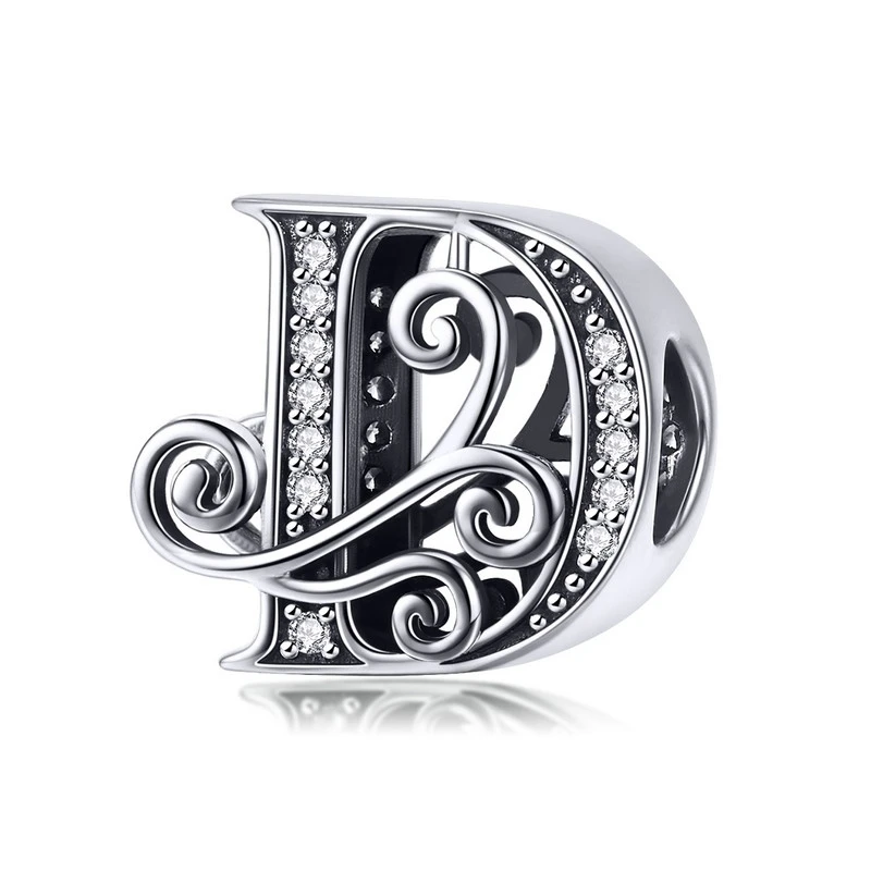 BAMOER 925 Sterling Silver Letter Vintage A to Z 26 Letter Charms Openwork CZ Alphabet Beads Fit Charm Bracelet BSC030 name necklace 925 Silver Jewelry