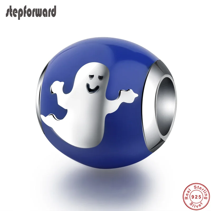 

High Quality New Arrival Halloween Theme Gift Jewelry Blue Enamel 925 Real Silver Accessories Ghost Pattern Charm