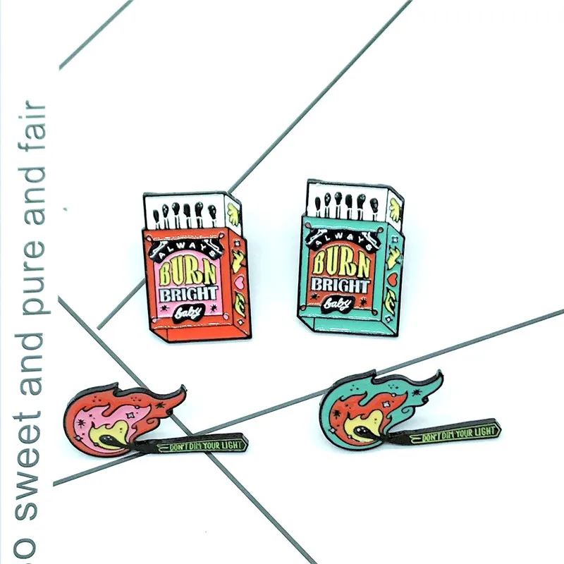 

" Always Burn Bright " Matchbox and " Don't Mid Your Light " Torch Matches Brooches Fashion Enamel Lapel Pins Badge Jewelry Gift