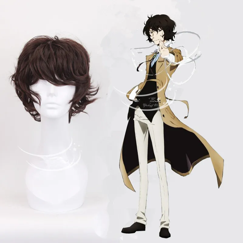 

Bungo Stray Dog Anime Dazai Osamu Cosplay Wigs Halloween,Party,Stage,Play Deep Brown Short Curly Synthetic Hair + Wig Cap