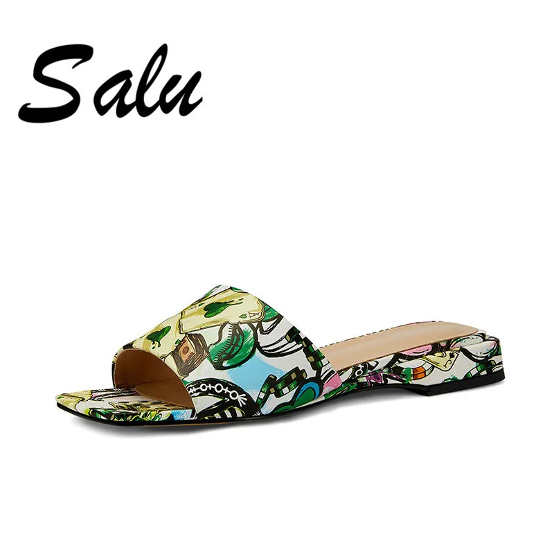 

Salu Shoes Woman 2019 Casual Shoes New Women Summer High Quality Square Low Heels Genuine Leather Shoes Woman Sandals Open Toe