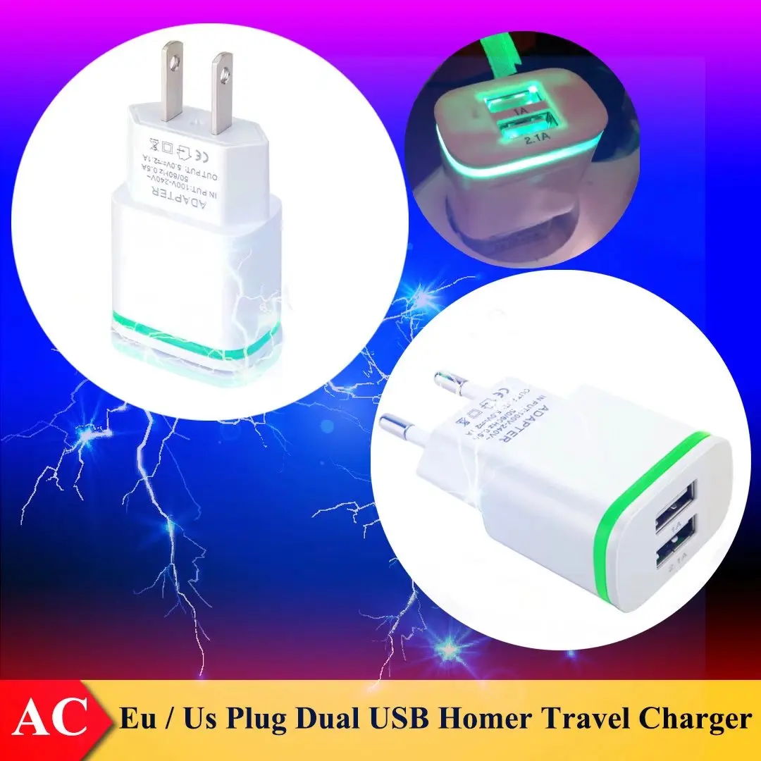 (EU / US Plug) Dual USB 5V/2.1A LED Light AC Home Travel Charger for iPhone X XR XS Max 8 7 Plus 6S 6 SE 5S iPod Touch 5 | Мобильные
